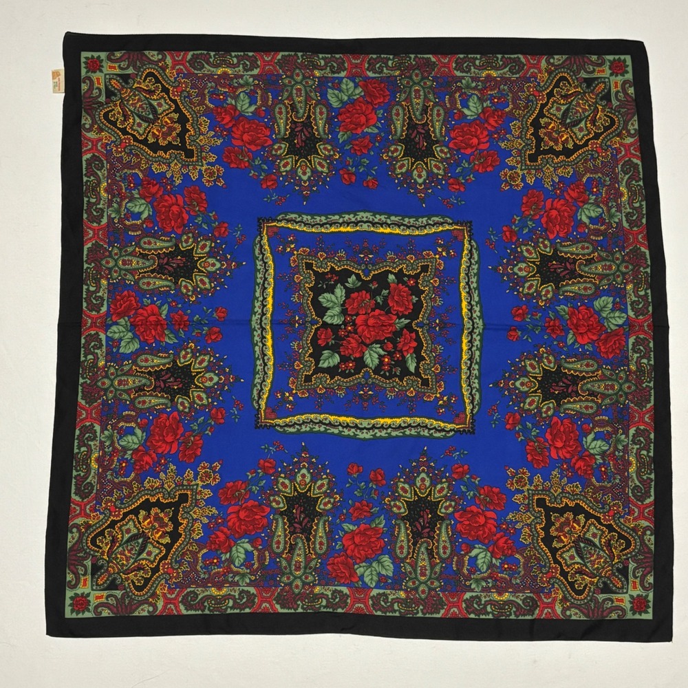 Vintage Square Scarf Women's OS Blue Red Floral Paisley Made in Italy